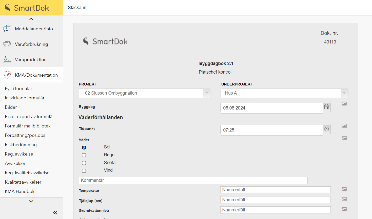 Checklista i SmartDok. Byggdagbok.