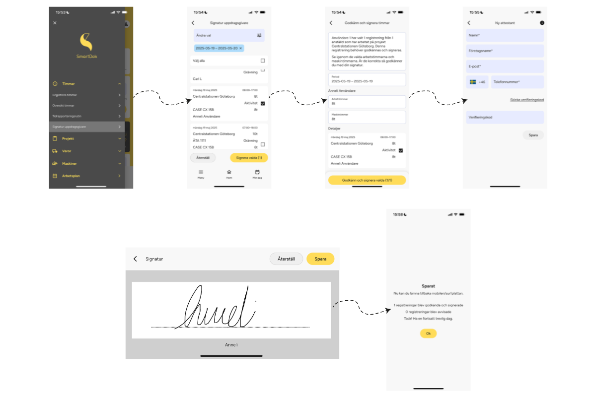 Signering av uppdragsgivare. Screenshots från SmartDoks app.