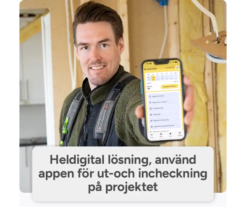Logga in enkelt och smidigt på projektet via appen. Digitala Personalliggaren som uppfyller alla krav från Skatteverket.