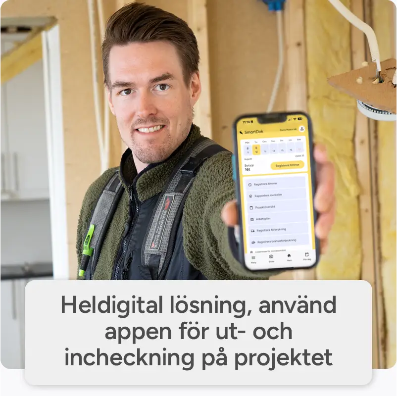 Logga in enkelt och smidigt på projektet via appen. Digitala Personalliggaren som uppfyller alla krav från Skatteverket.