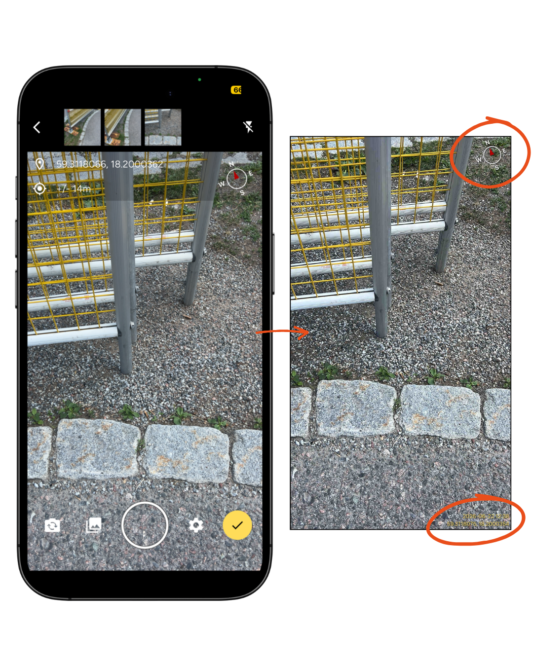 Tid, datum, GPS och kompass på bilder för bättre dokumentation för bygg och anläggning