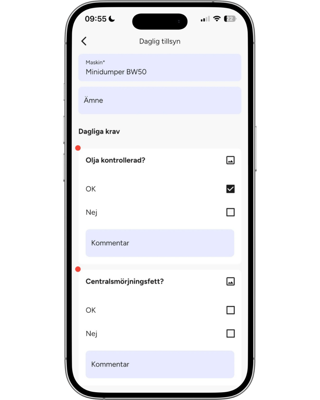 Daglig tillsyn maskin Daglig tillsyn maskin i SmartDok appen