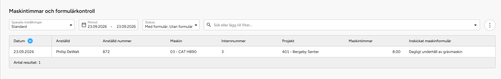 timmar och maskinformulär rapport
